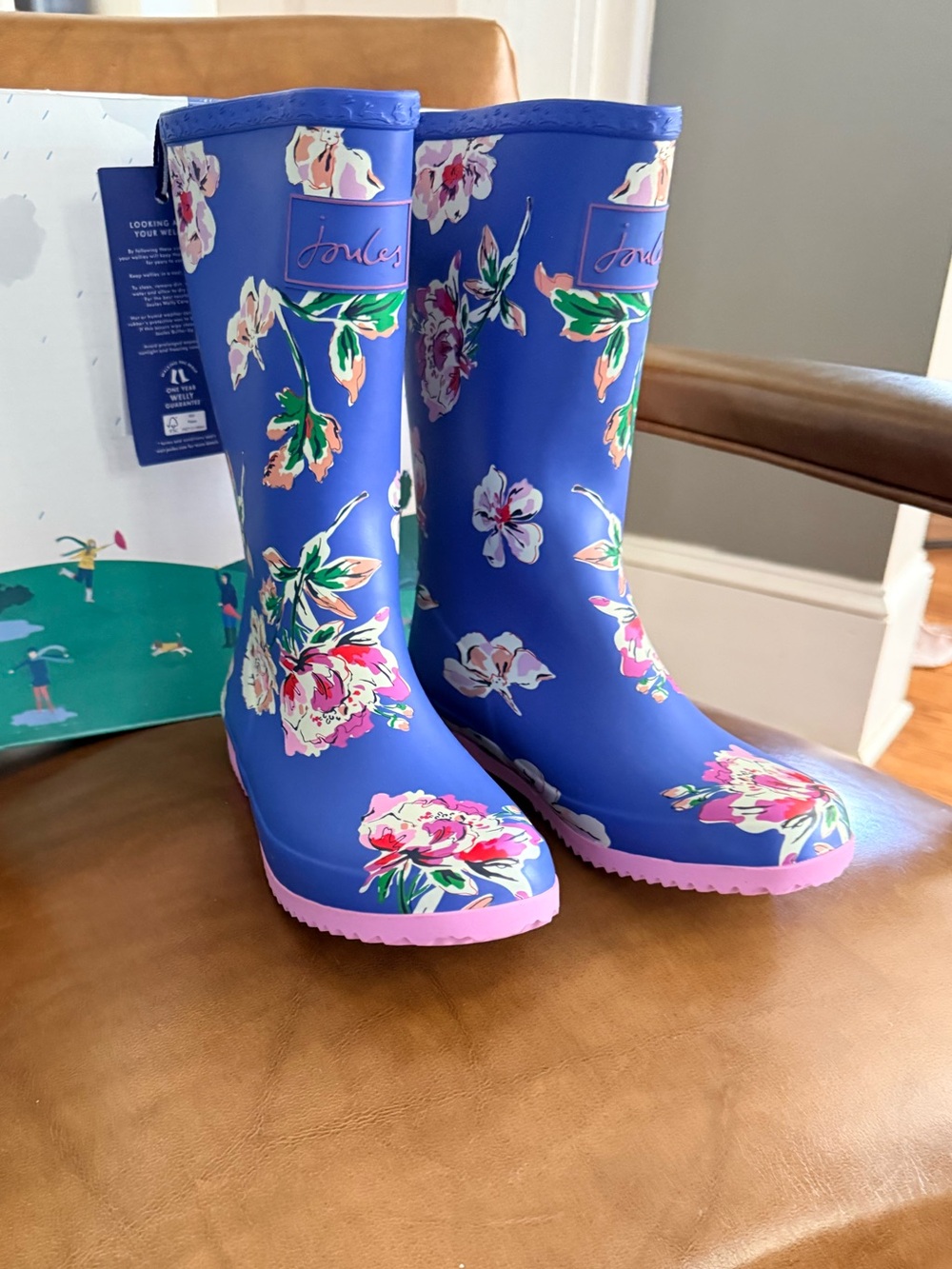 NWT! Joules Royal Blue Floral Girls' Rain Boots with Pink Trim
